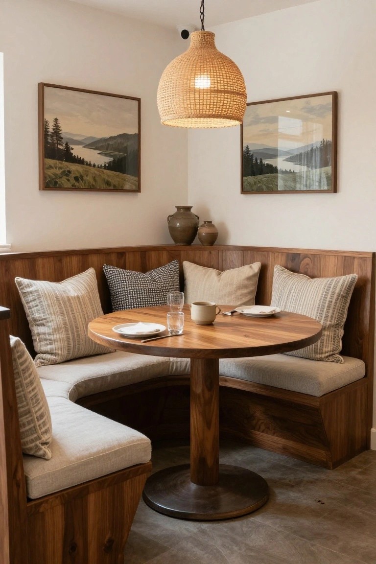 Corner booth with walnut wood paneling and benches, beige cushions, striped and patterned pillows, round wooden table set with plates and a mug, landscape paintings on walls, ceramic vases on shelves, and rattan pendant light overhead.