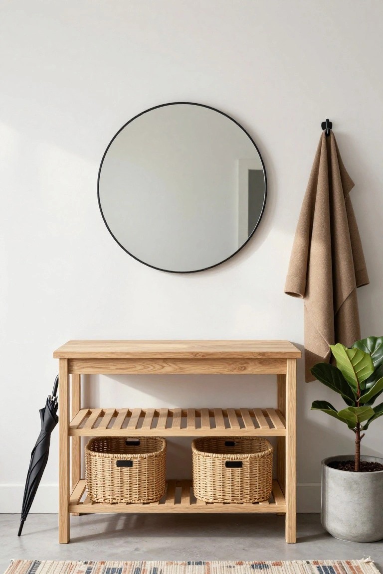 Wooden console table with slatted lower shelves holding two wicker baskets and an umbrella stand, topped by an empty surface, below a large round black-framed mirror on a white wall, with a coat hook holding a scarf and a potted fiddle leaf fig plant beside it in an entryway with a colorful rug on the floor.