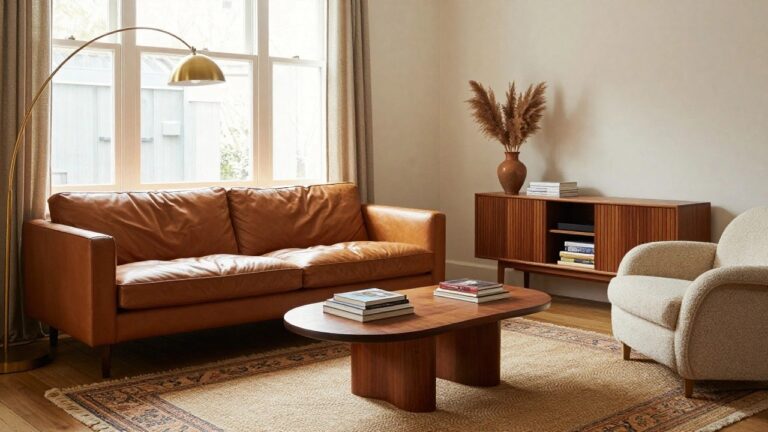 A living room with tan leather sofa, low wooden coffee table holding a black bowl, two cream pouf ottomans, wooden credenza topped with books and pampas grass in terracotta vase, gold arched floor lamp, white curtains on window, and patterned rug.