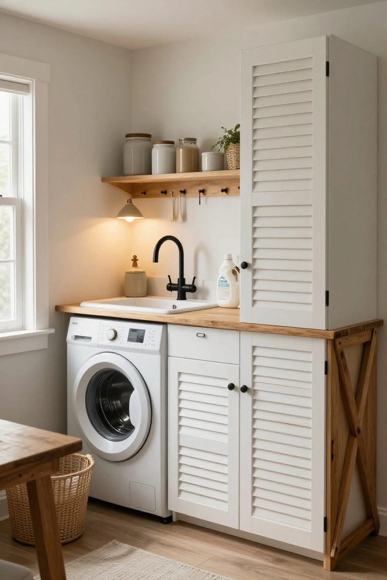 Compact indoor laundry room corner with white front-loading washer, white porcelain sink on light wood countertop, tall white louvered cabinets, black faucet, and wooden X-brace legs on cabinet base.