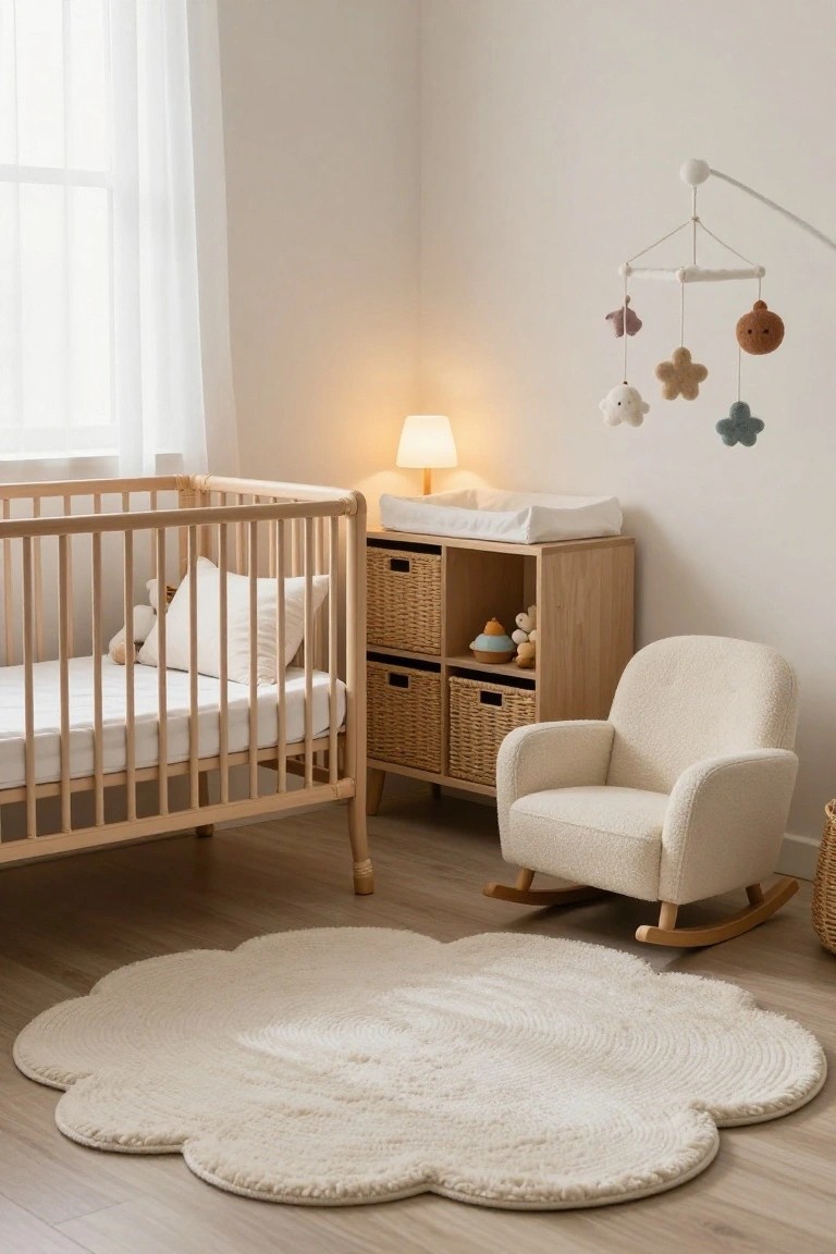 A nursery room featuring a wooden crib with white bedding and a teddy bear, adjacent wooden changing table with dresser below, cream upholstered rocking chair, woven baskets, cloud-shaped white rug on light wood floor, and felt mobile hanging above.
