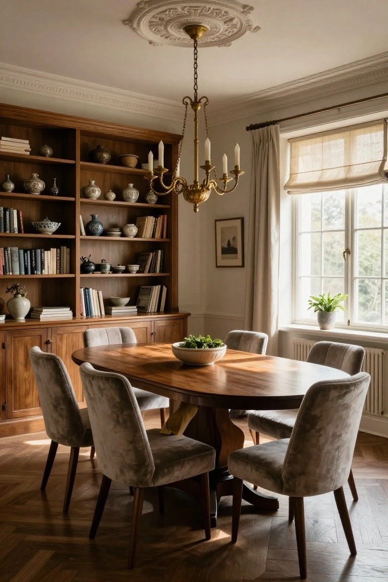 A dining room with tall wooden bookcases filled with books, vases, and ceramics on one wall, an oval wooden dining table centered under a brass chandelier, six grey upholstered chairs around the table, large windows with linen curtains, and hardwood floors.