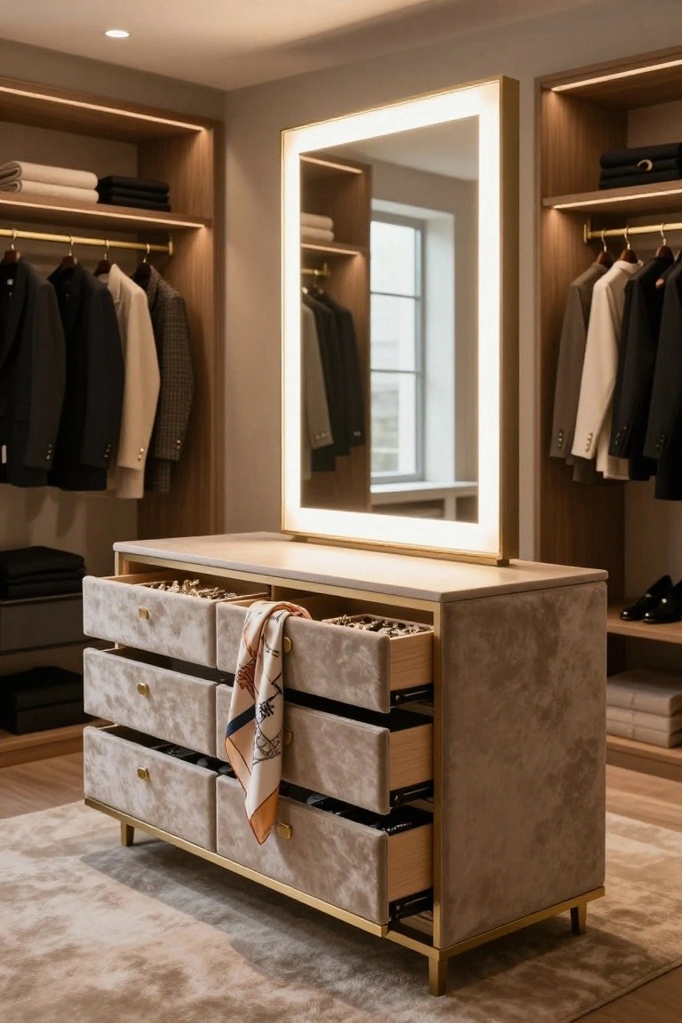 A walk-in closet with light wood wardrobes holding hanging suits and shirts, a tall backlit mirror, and a beige velvet-upholstered six-drawer dresser with brass frame, legs, and handles, some drawers open to show jewelry and a scarf.