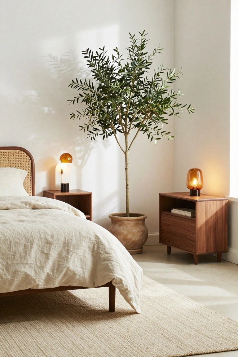 Bedroom corner showing a low bed with rattan headboard and white bedding, two matching wooden nightstands topped with amber glass lamps, a tall potted olive tree in terracotta pot nearby, beige rug on light floor, white walls.