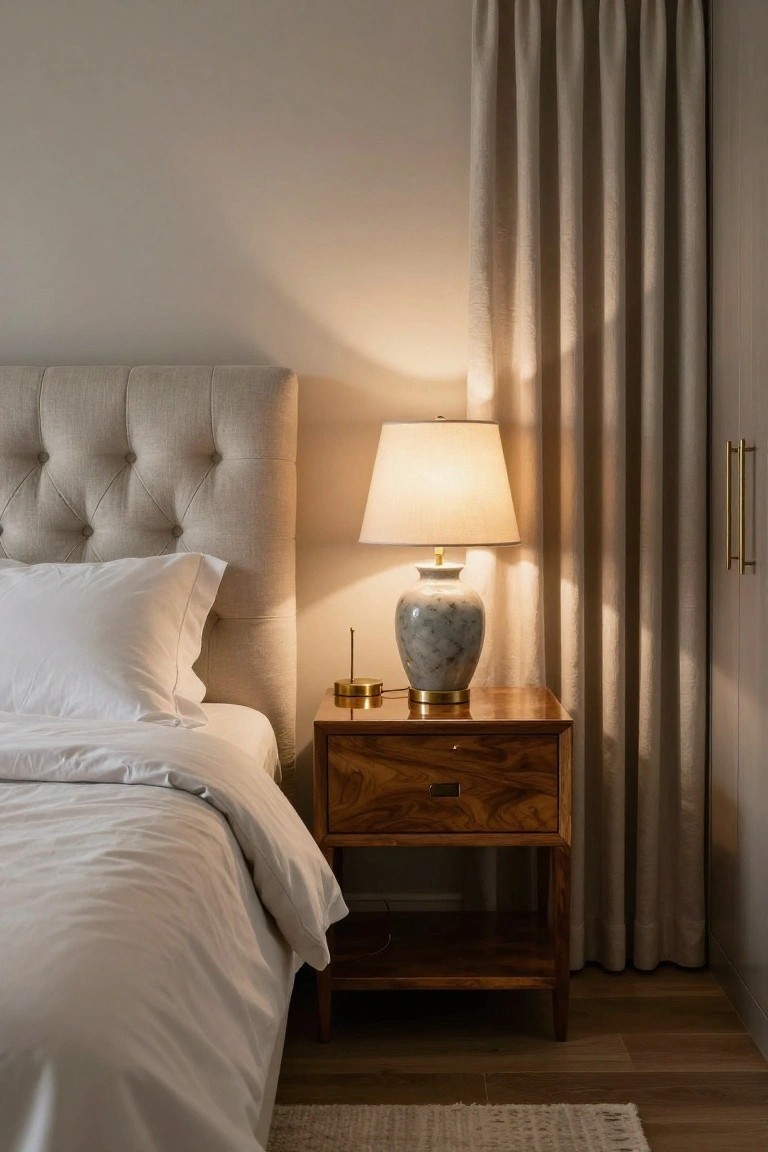 Bedroom corner with white duvet on tufted beige headboard, wooden nightstand topped by gold-based ceramic lamp with white shade, beside drawn beige curtains on light gray wall and hardwood floor.