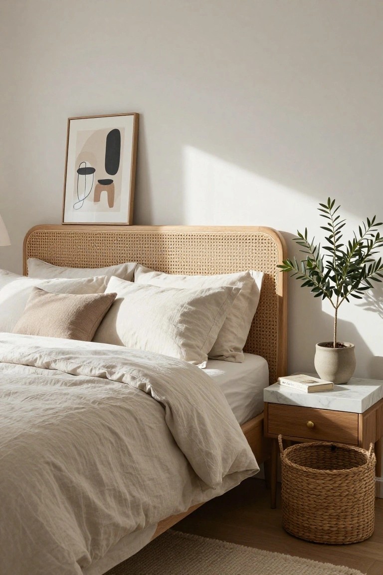 Bedroom interior with curved rattan cane headboard, white and beige linen bedding and pillows, wooden nightstand holding a potted olive tree and book, woven basket below, neutral walls, and beige abstract framed art above the bed.