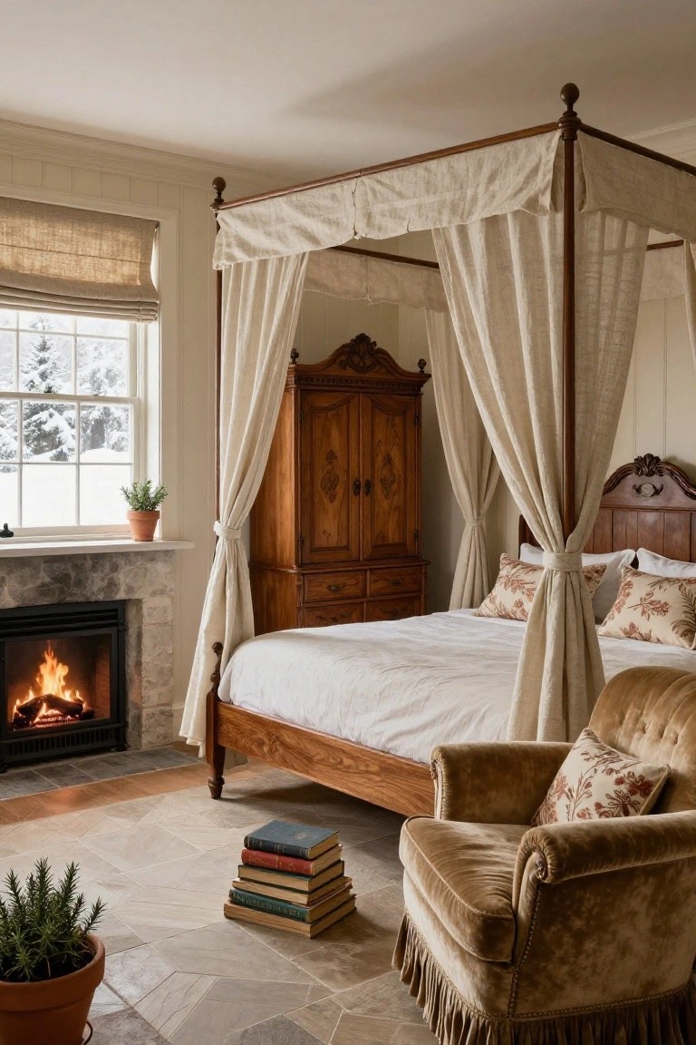 Bedroom interior with a lit stone fireplace, four-poster canopy bed with white linens, antique wooden armoire, velvet armchair stacked with books, potted plants, and window showing snowy trees outside.