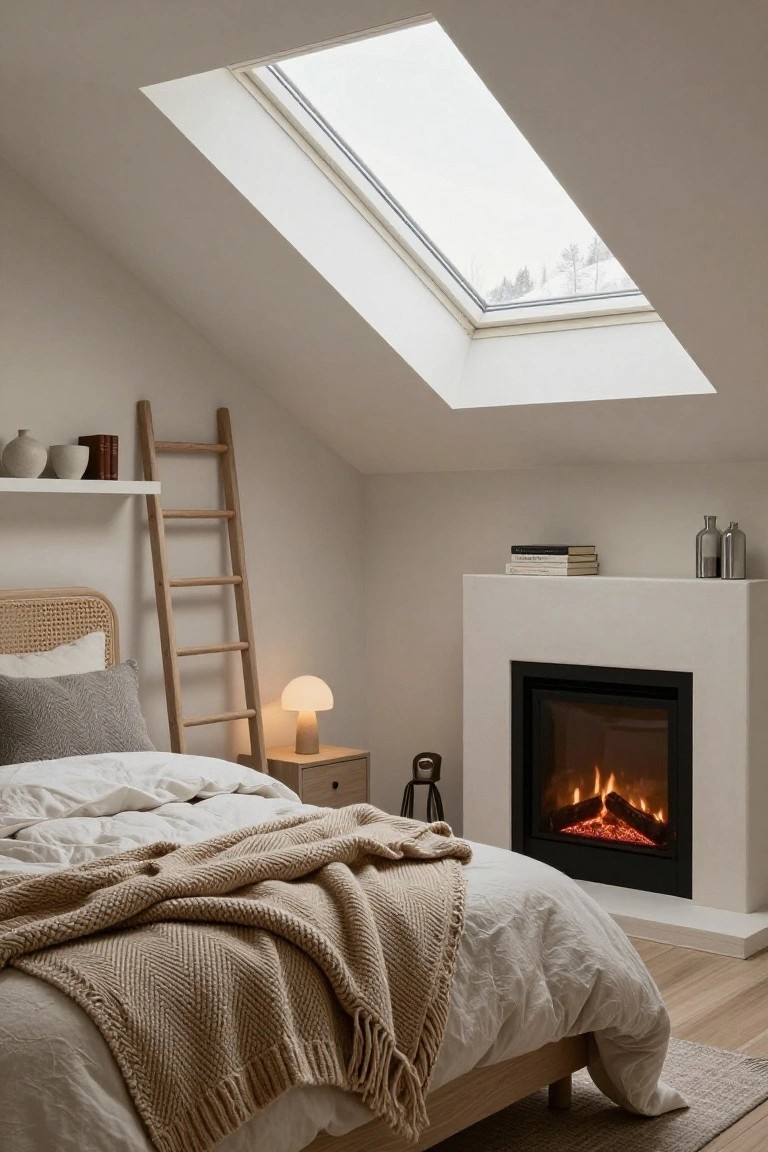 Cozy attic-style bedroom with sloped white ceiling and skylight, rattan headboard bed draped in white linens and beige knit throw, wooden ladder shelf, bedside table with lamp, and white electric fireplace with orange flames.