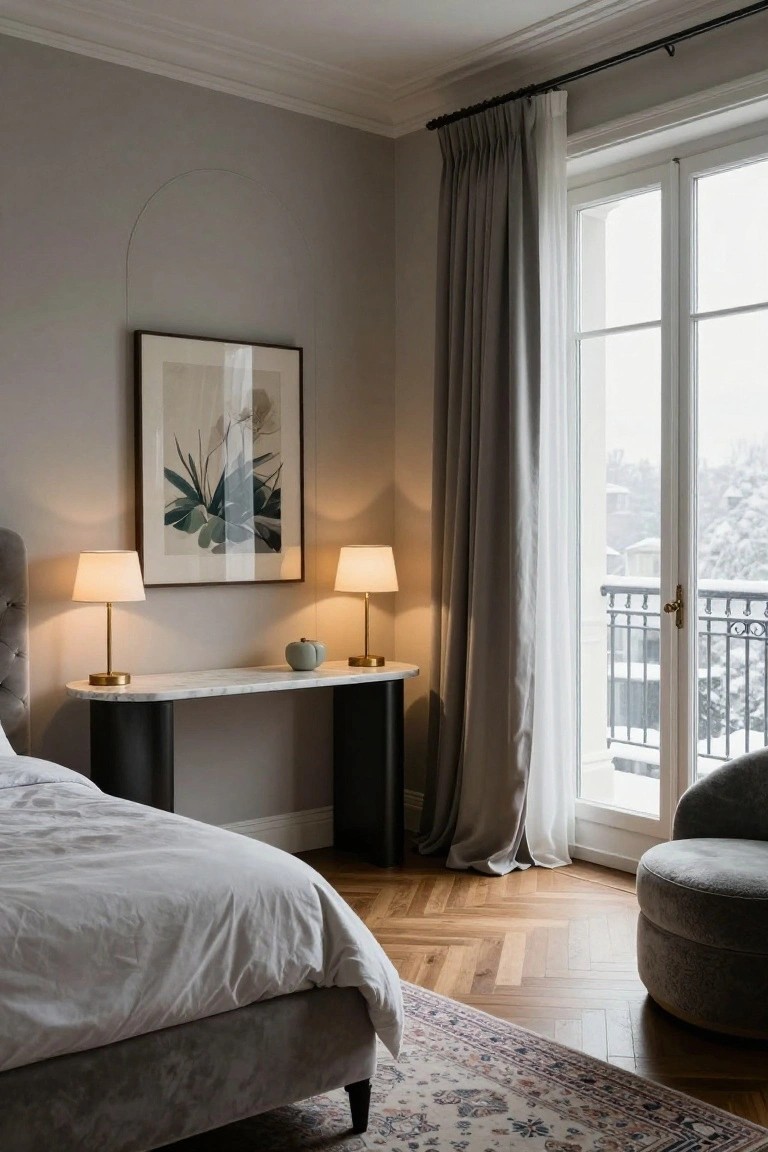 Gray velvet bed with curved black console table topped in white marble behind the headboard, flanked by two brass table lamps and a small gray pumpkin, large framed abstract artwork above, heavy gray drapes on white French doors to snowy exterior balcony, herringbone parquet flooring, and tufted gray armchair nearby.