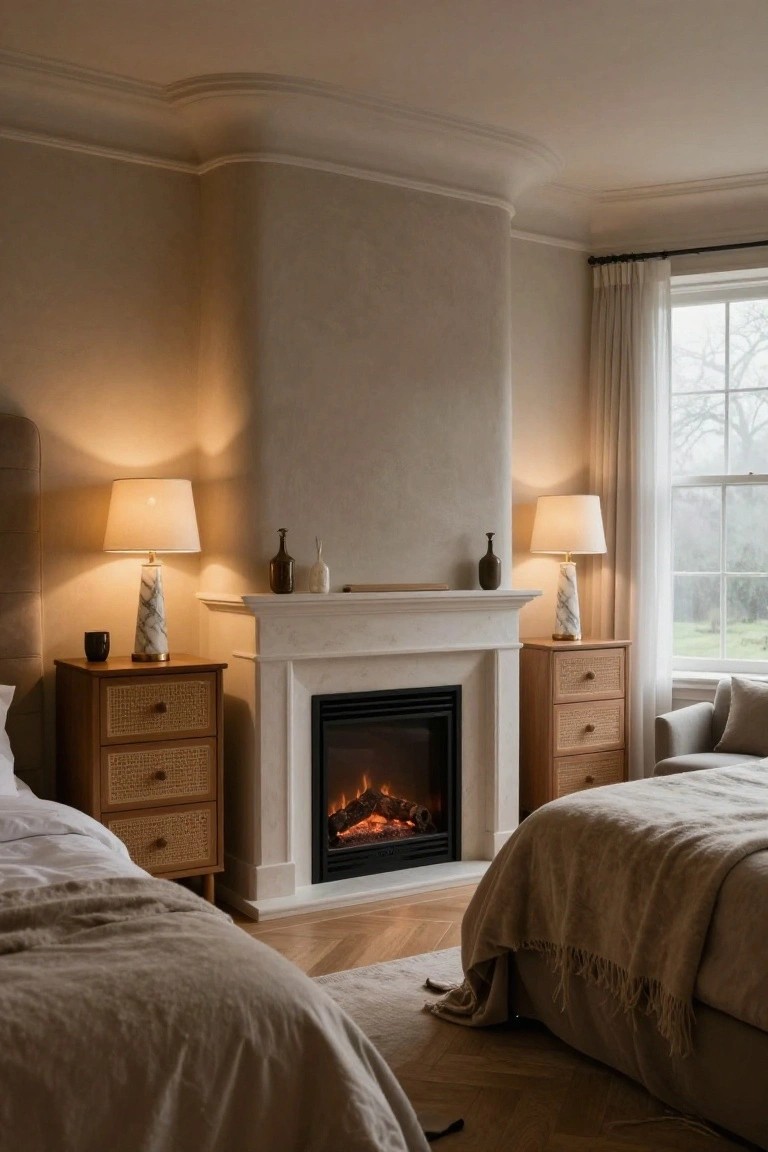 Bedroom interior with a central marble fireplace showing gas flames, two beds with beige linens on either side, rattan nightstands topped with marble lamps, neutral walls, wood floor, and a window with sheer curtains.