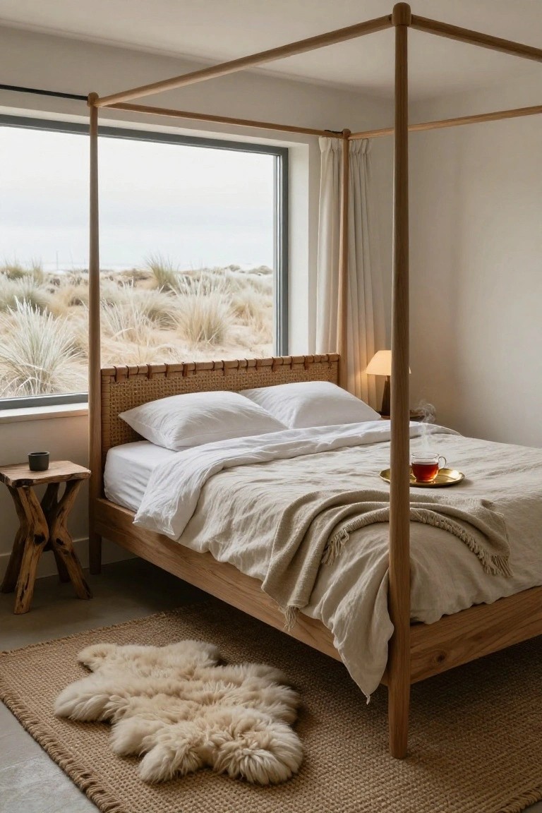 Bedroom interior with light wooden four-poster bed, rattan headboard, white pillows and linens, cream throw, sheepskin rug on seagrass floor, side table with tea cup, large window showing dune landscape.