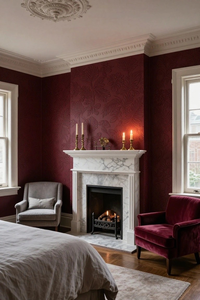 A bedroom with deep red embossed leaf-pattern wallpaper on walls, white marble fireplace with lit fire and candles on mantel, gray armchair, red velvet armchair, and bed with white linens on wood floor.