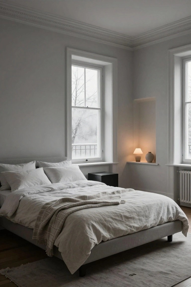 A minimalist gray bedroom with a low bed dressed in white linens and a beige plaid throw, black nightstand, alcove niche holding a lamp and vase, tall windows showing snowy trees outside, and a radiator on the wall.