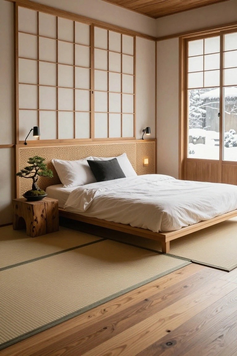 Minimalist bedroom interior with low wooden platform bed, rattan headboard holding a bonsai tree, wooden side table, tatami floor mats, shoji screen walls, and window view of snowy outdoors.
