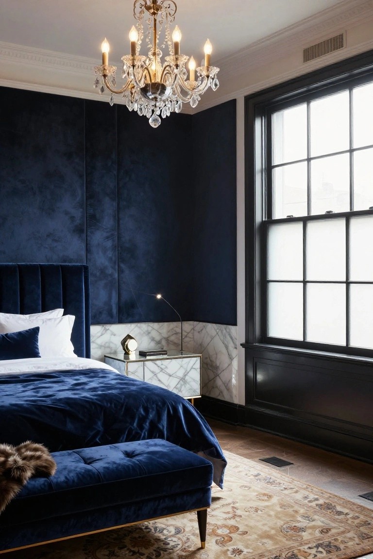 A bedroom with navy blue velvet paneled walls, tufted navy velvet bed with white pillows and blue duvet, crystal chandelier, marble nightstand with clock, bench with fur throw, and large black-framed window.