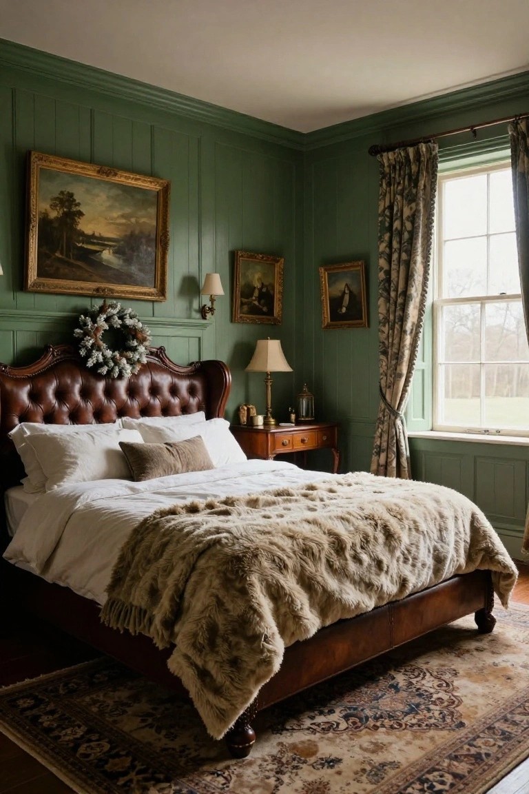 A bedroom corner with sage green paneled walls, a tufted brown leather upholstered bed with white sheets, pillows, and a beige fur throw, wooden side table with lamp, antique paintings, evergreen wreath on wall, and window with chintz curtains overlooking outdoors.