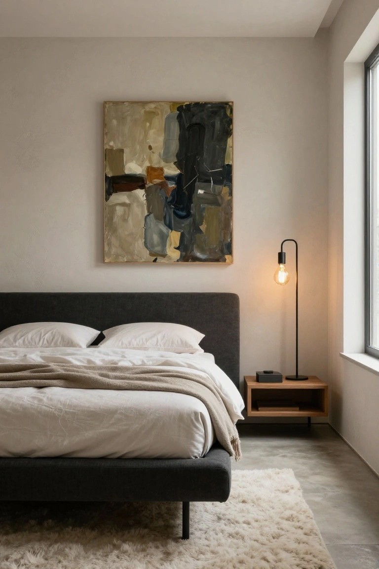 Modern bedroom featuring a low gray upholstered platform bed with white sheets, beige throw, wooden nightstand, arched black floor lamp with exposed bulb, large abstract painting on beige wall, white shag rug on concrete floor, and large window.
