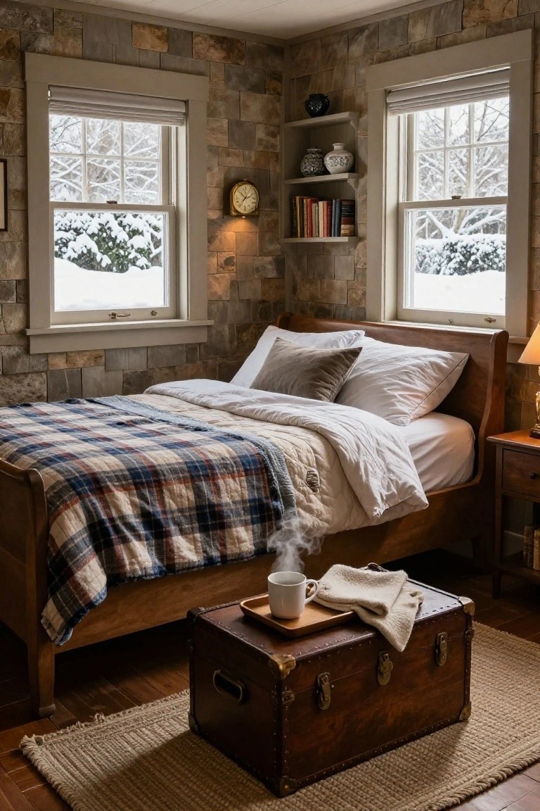 Cozy bedroom with rustic stone accent walls, wooden bed draped in plaid quilt and white duvet, antique trunk with mug and towel on top, shelves with books and vases, and snowy trees visible through two large windows.