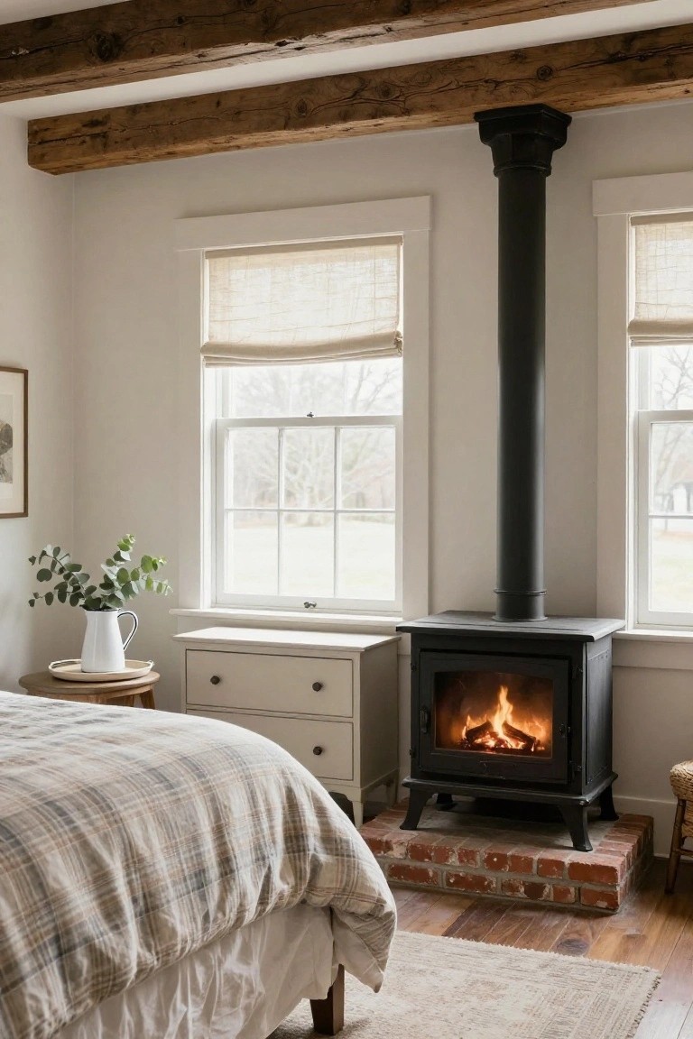 Bedroom with black freestanding wood-burning stove on brick hearth next to plaid bed, white walls, wooden ceiling beams, cream dresser, eucalyptus vase, and double windows showing winter fields.