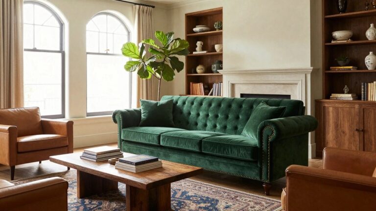 Living room interior with a green velvet tufted Chesterfield sofa in front of a white fireplace, built-in wood bookshelves, large window with sheer curtains, wood coffee table, and brown leather armchairs on hardwood floor with patterned rug.