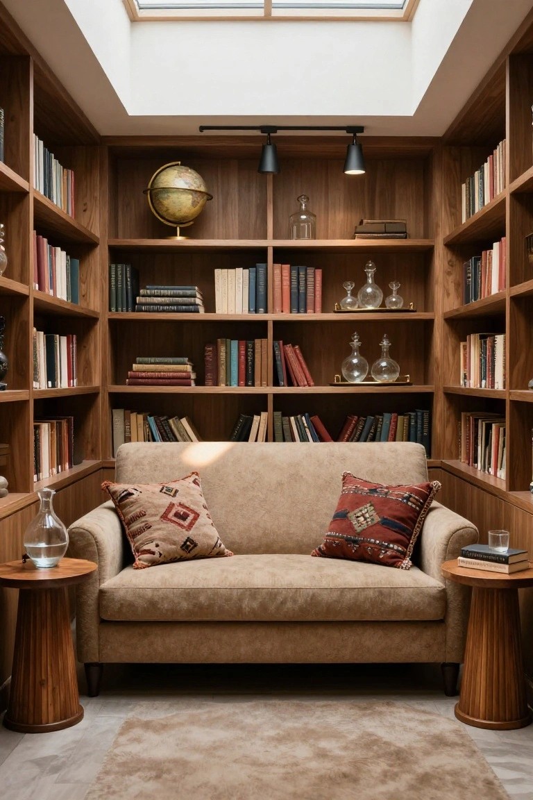 Beige upholstered loveseat with patterned pillows on a wood side table in a walnut-paneled library room lined with bookshelves, globe, glass decanters, and skylight above.