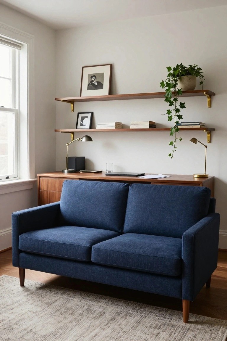 Corner room interior featuring a navy blue two-seater sofa with tapered wood legs, wooden credenza topped with a laptop and glass, floating walnut shelves with books and ivy plant, brass lamps, and a window with roller shade on a light gray rug.