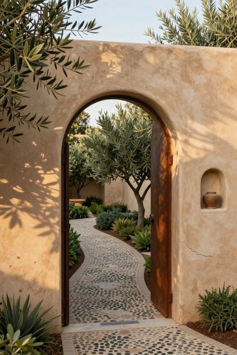 Beige stucco wall featuring a tall arched wooden door partially open to a pebbled garden path lined with olive trees, agave plants, and low shrubs.