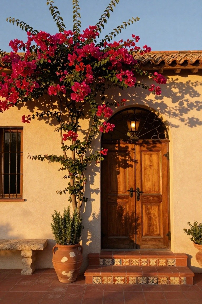 Beige stucco house facade with a tall wooden arched double door, red bougainvillea vines climbing overhead, a wrought iron lantern above the door, potted rosemary plants, a stone bench, and terracotta steps with colorful tiles.