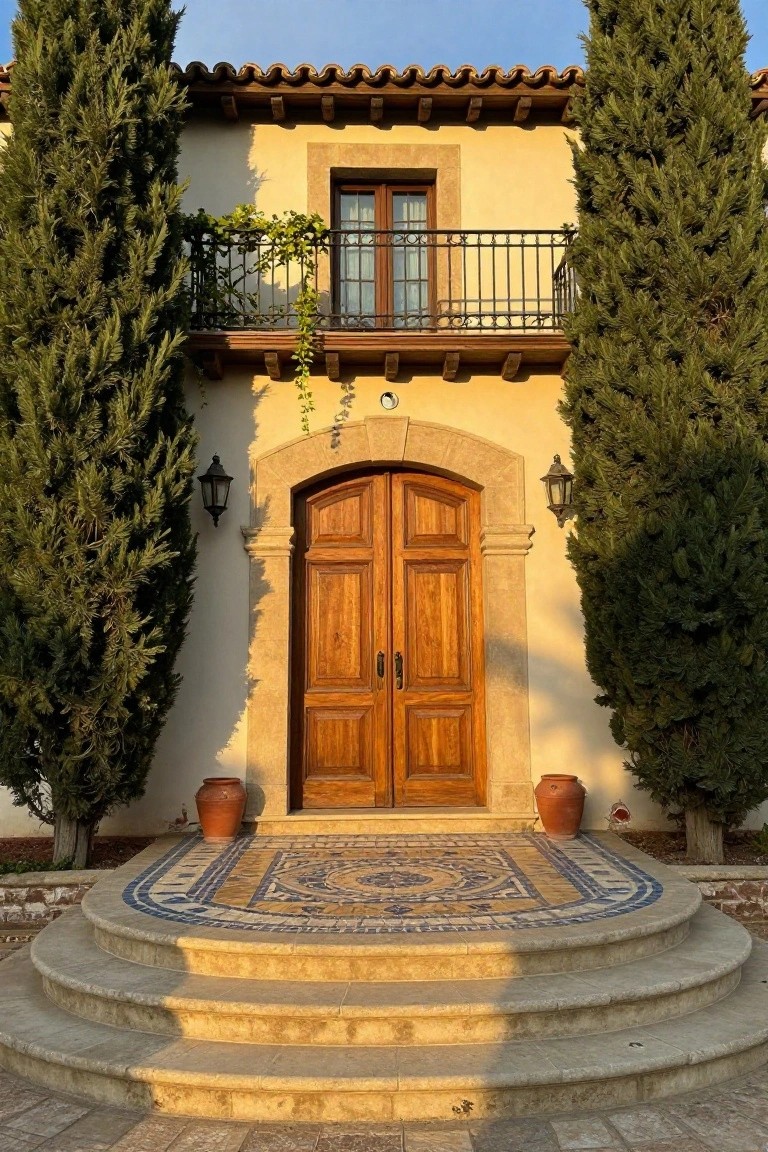 Beige stucco house front with arched wooden double doors centered on a raised mosaic-tiled landing and steps, flanked by two tall cypress trees, terracotta pots, lanterns, and ivy on a balcony above.