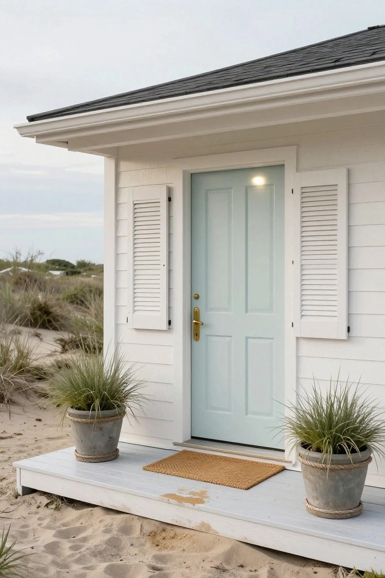 White clapboard beach cottage exterior featuring a light blue paneled front door with gold hardware and knob, flanked by white shutters and two large potted grasses on a wooden porch surrounded by sand dunes.