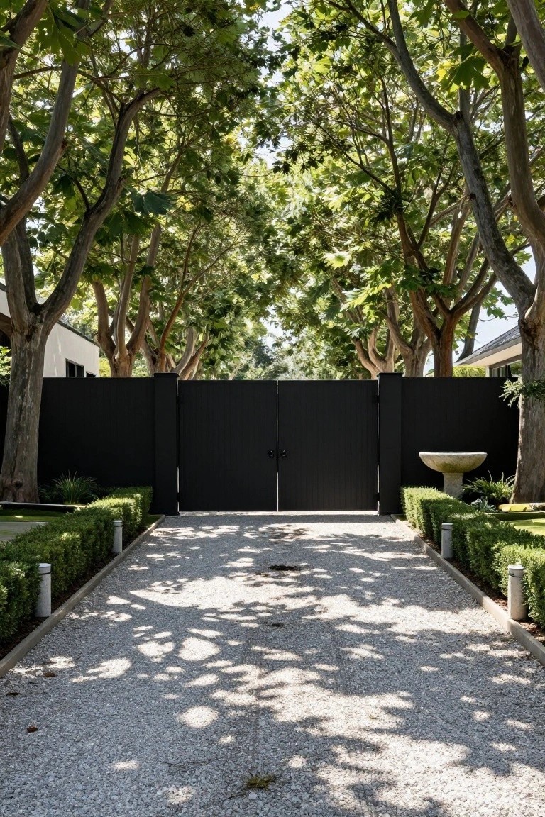 Gravel driveway bordered by boxwood hedges and bollard lights, leading to tall black slatted wooden gates framed by mature trees and a white modern house in the background.