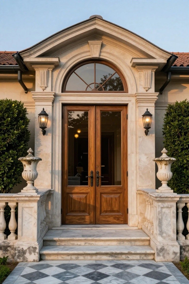 Beige stone house entrance with a curved archway over glass-paneled wooden double doors, flanked by black lanterns and stone urns with boxwood plants, stone steps, and checkered marble landing.