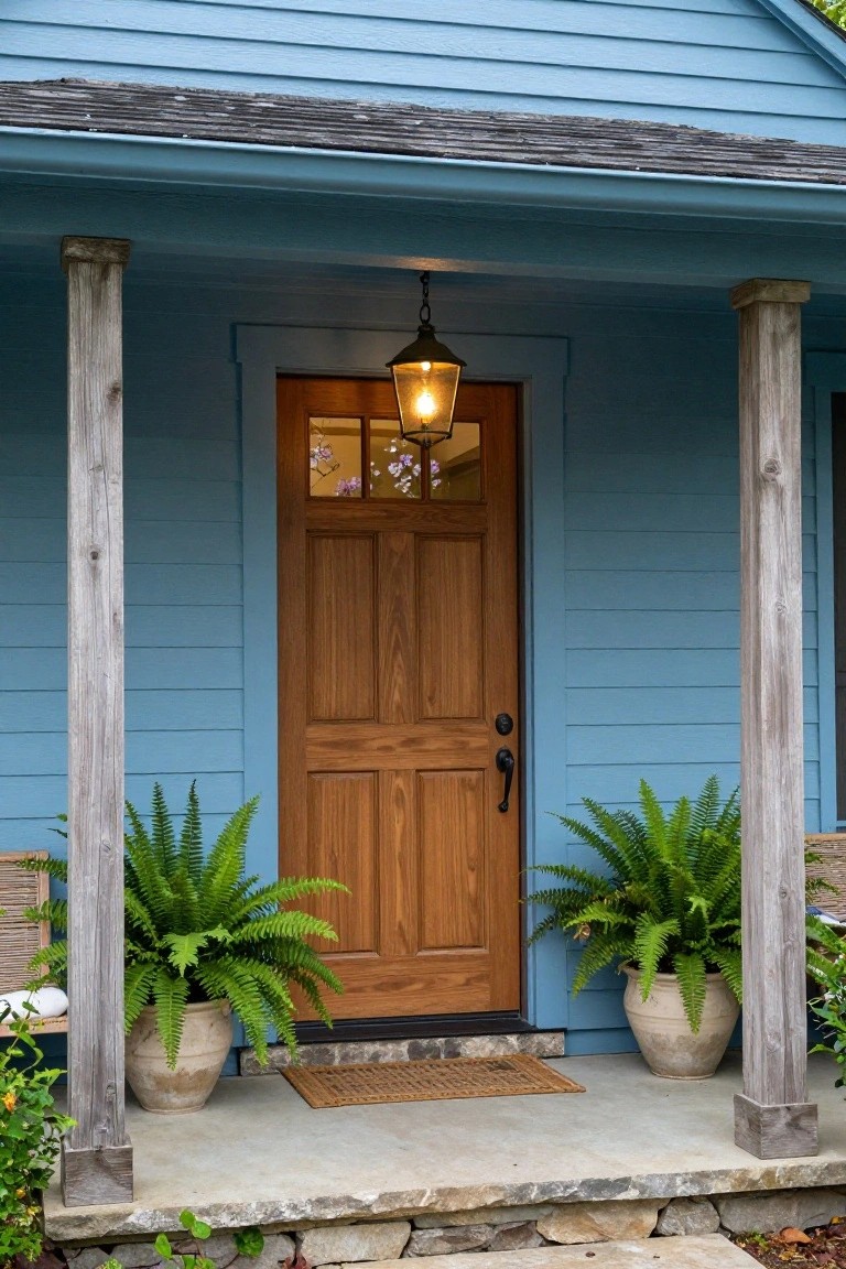 Light blue clapboard house front porch with weathered wooden columns, brown paneled wood door featuring glass panels and brass knob, hanging lantern light above the door, large terracotta pots with ferns flanking the door, woven mat on concrete porch floor, and stone steps.
