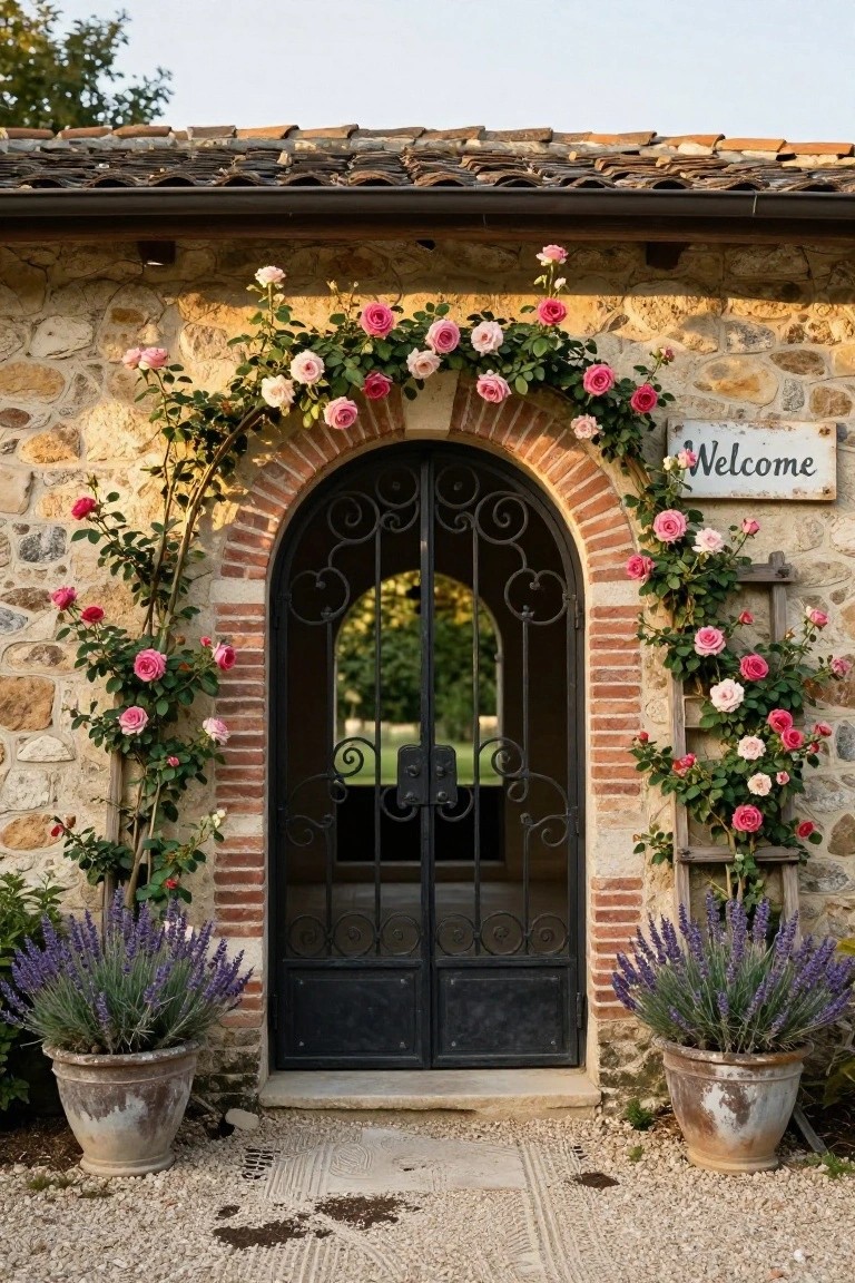 Stone-walled house entrance with black wrought-iron arched gate framed by pink climbing roses on brick pillars, lavender in terracotta pots on sides, and gravel path in front.