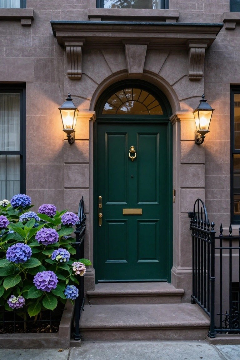 Green wooden front door with brass knocker on a brownstone facade, flanked by black lanterns, purple hydrangea bushes in a planter beside black iron railing and stone steps.