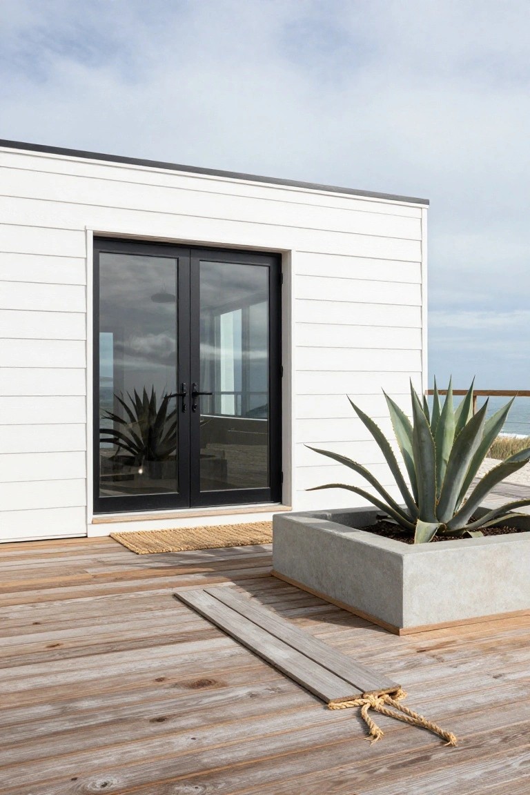 White shiplap wall with tall black-framed double glass doors opening to a wooden deck featuring a seagrass mat, rope-tied wood slats, large agave in concrete planter, and ocean view.