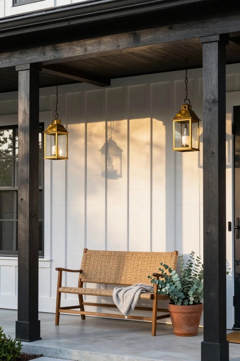 Front porch featuring white board-and-batten siding, black-stained wooden columns and beams, two hanging brass lanterns, a rattan bench with arms draped in a gray throw blanket, and a potted eucalyptus plant beside a dark wood front door on a concrete porch.