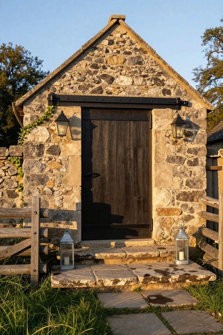 Small stone cottage structure with dark wooden double doors, flanked by two lanterns on the walls, stone steps leading up to the entry, ivy climbing one side, hanging lanterns on the steps, wooden fence nearby, and grass around the base.