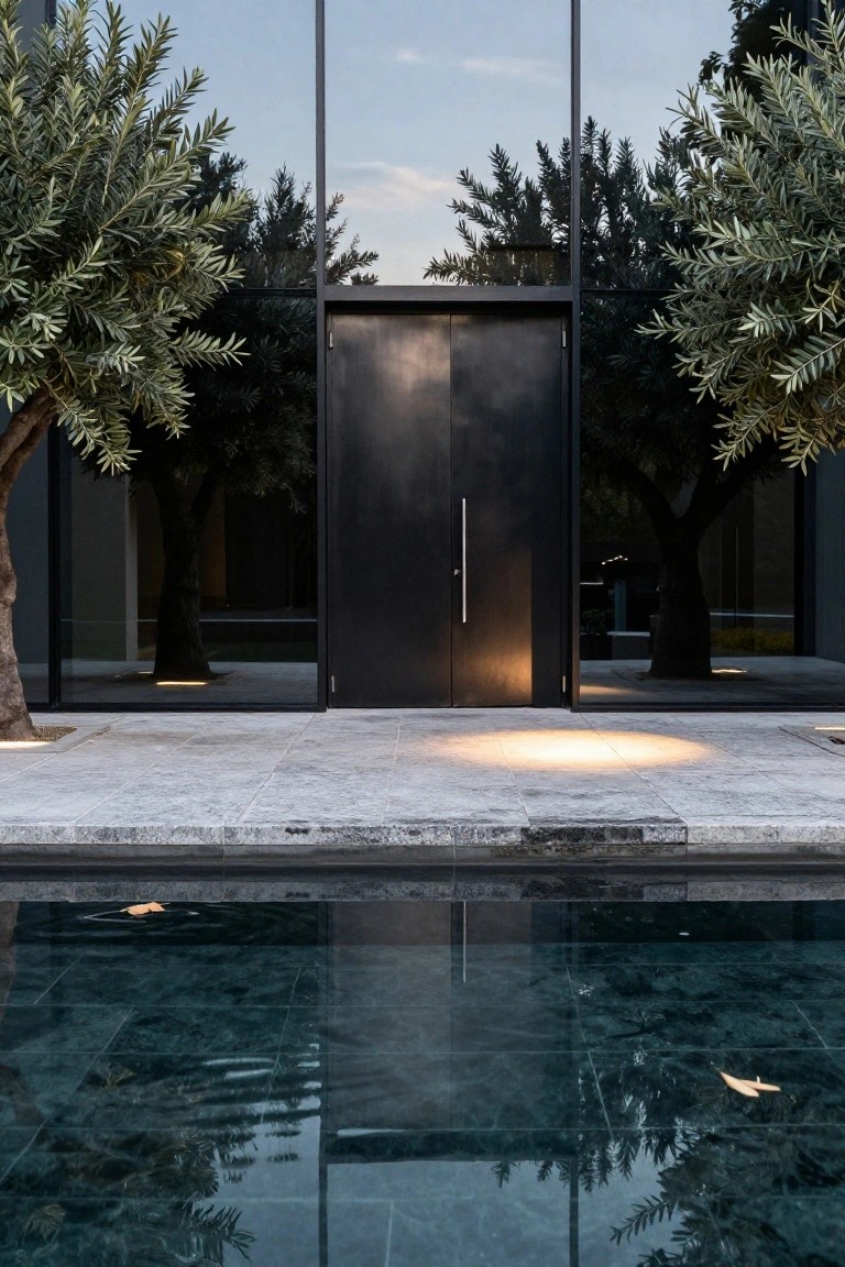 Tall black double entry door with vertical handle, spotlighted on gray stone paving in front of glass-walled modern house, flanked by olive trees and overlooking a dark green pool.