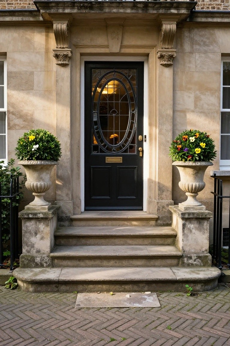 Stone house entrance with black door featuring oval glass panel and brass knocker, flanked by matching urn planters with flowering shrubs on pedestals beside steps leading to brick pathway.