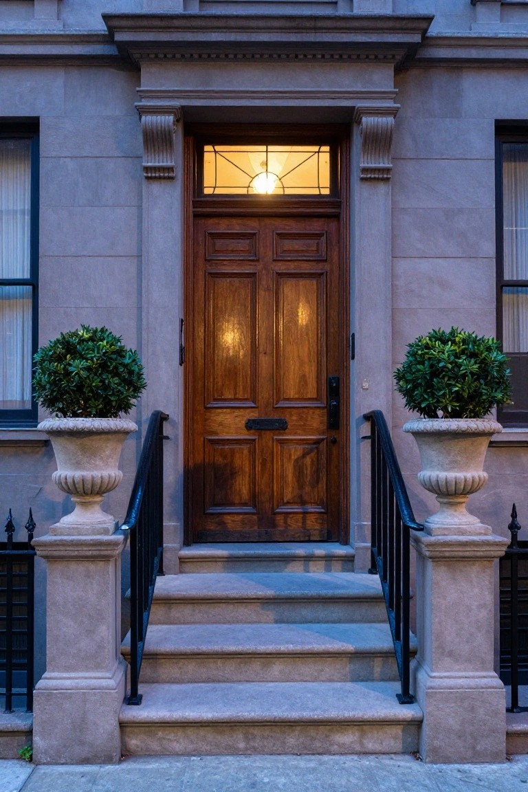 Stone townhouse entrance at dusk featuring a dark wooden paneled door with stained glass transom, flanked by black iron railings on stone steps and matching stone urns with spherical boxwood topiaries.