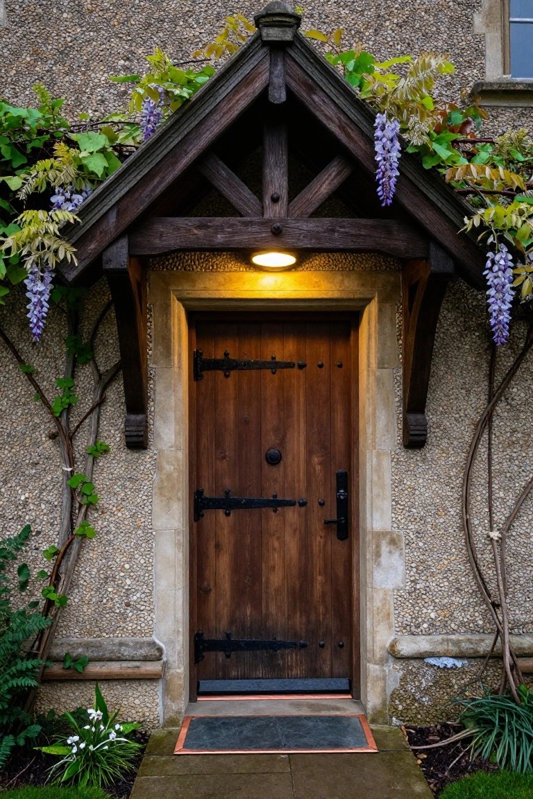 Close-up view of a dark wooden front door with black wrought iron hinges and handle under a timber-framed porch covered in purple wisteria vines, against a flint stone wall house facade with ivy and plants nearby.