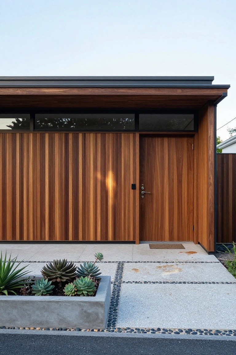 Contemporary house exterior with vertical walnut wood cladding on garage door and entry area, wooden entry door with handle, concrete planter box containing agave and succulent plants, pebble borders on concrete paving, and black metal roof overhang.