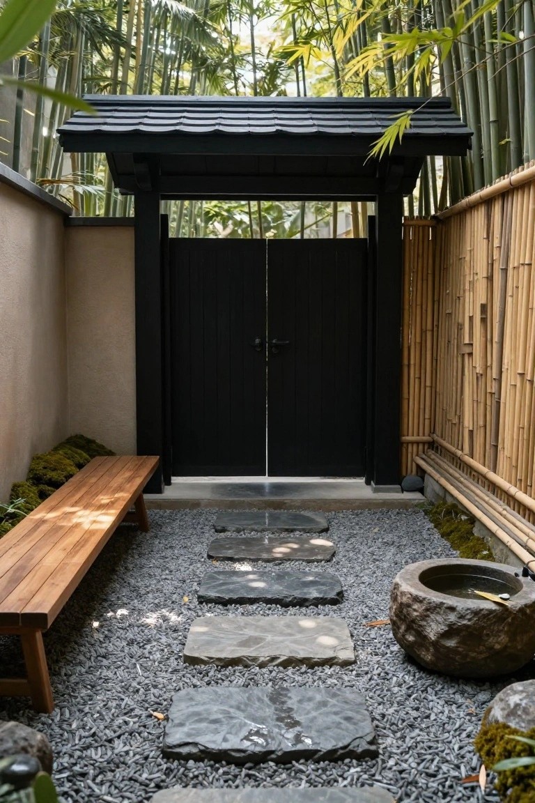 Black wooden double doors under a dark tiled gabled roof gatehouse, approached by irregular flat stones across gray gravel ground, with a wooden bench, bamboo fence, and stone water basin in a garden courtyard.