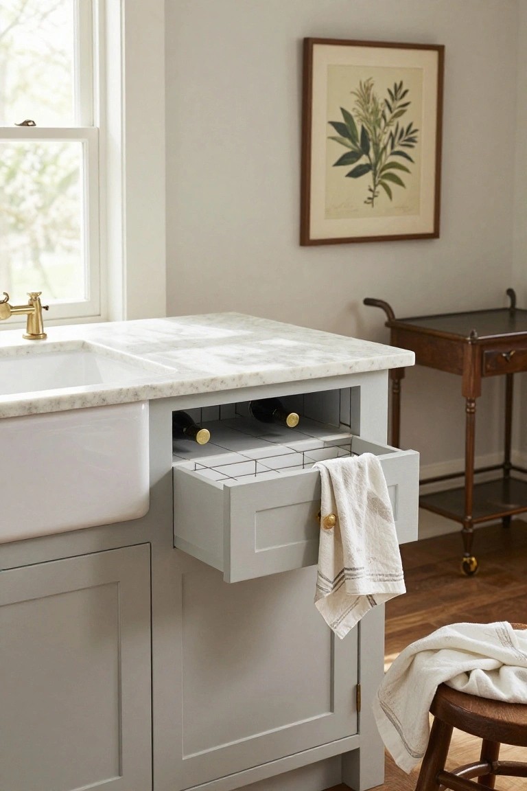 Gray kitchen island with white farmhouse sink in marble countertop, open pull-out drawer with metal wine rack holding two wine bottles, dish towel draped over drawer, and wooden bar stool nearby.