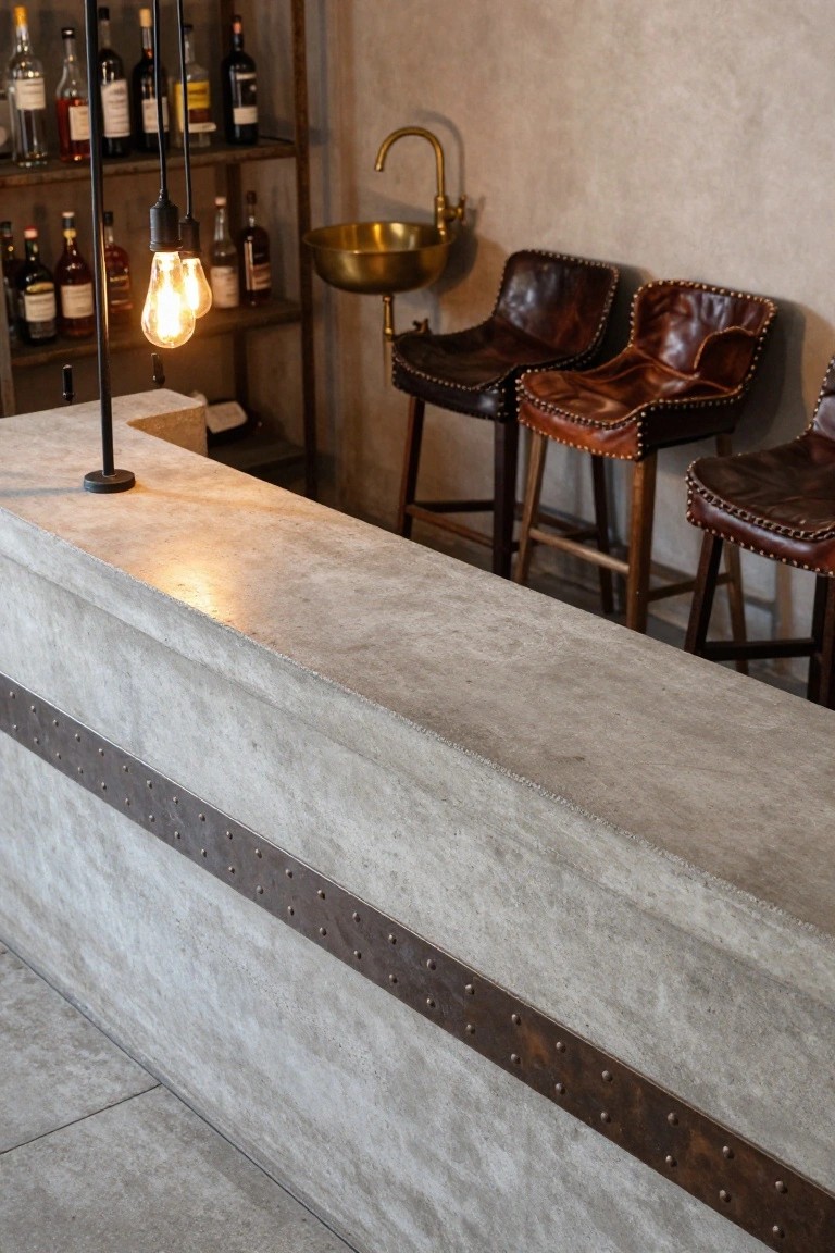 Close-up view of an indoor bar counter made from polished concrete with brass rivets along the edge, flanked by studded brown leather barstools, wooden bottle shelves, and a brass sink nearby.