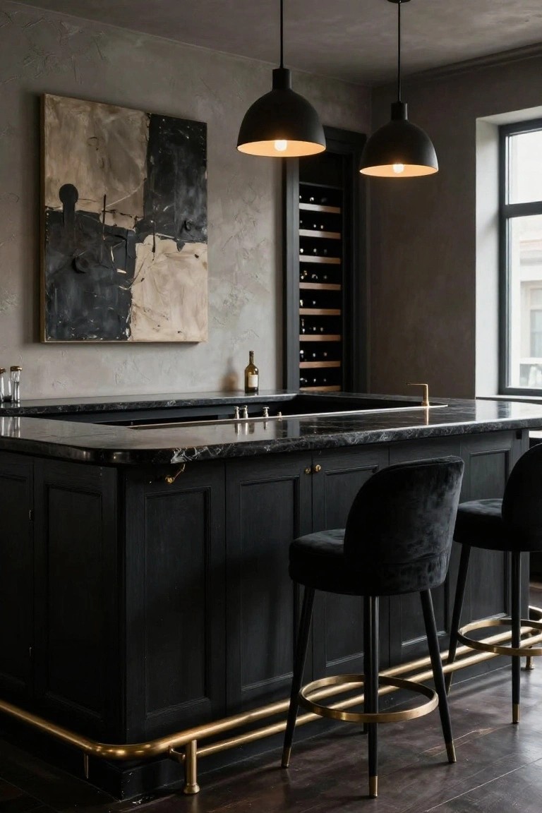 Interior view of a black marble bar counter with dark paneled cabinets, brass foot rails and hardware, two black velvet bar stools, built-in wine storage, and black pendant lights against a gray textured wall.