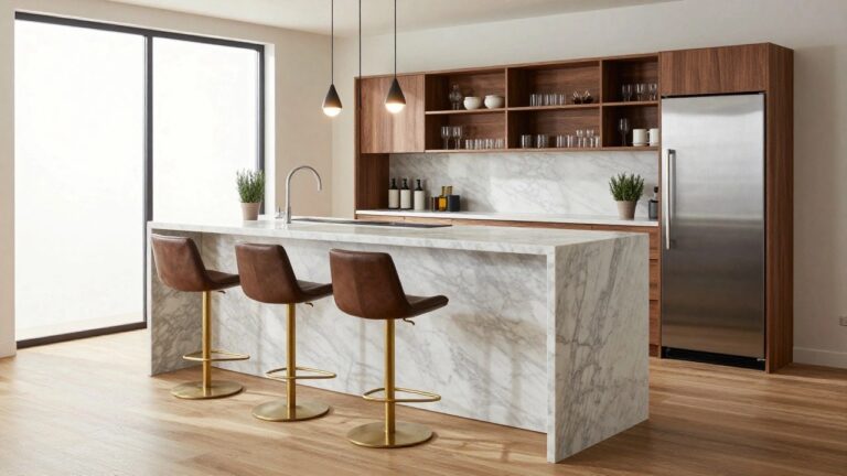 21 Elevated Bar Counter Designs For A Premium Finish Modern kitchen interior with white veined marble island countertop featuring waterfall edges over wooden base and cabinets, two tan leather bar stools on brass legs, black pendant lights, sink, and window view.