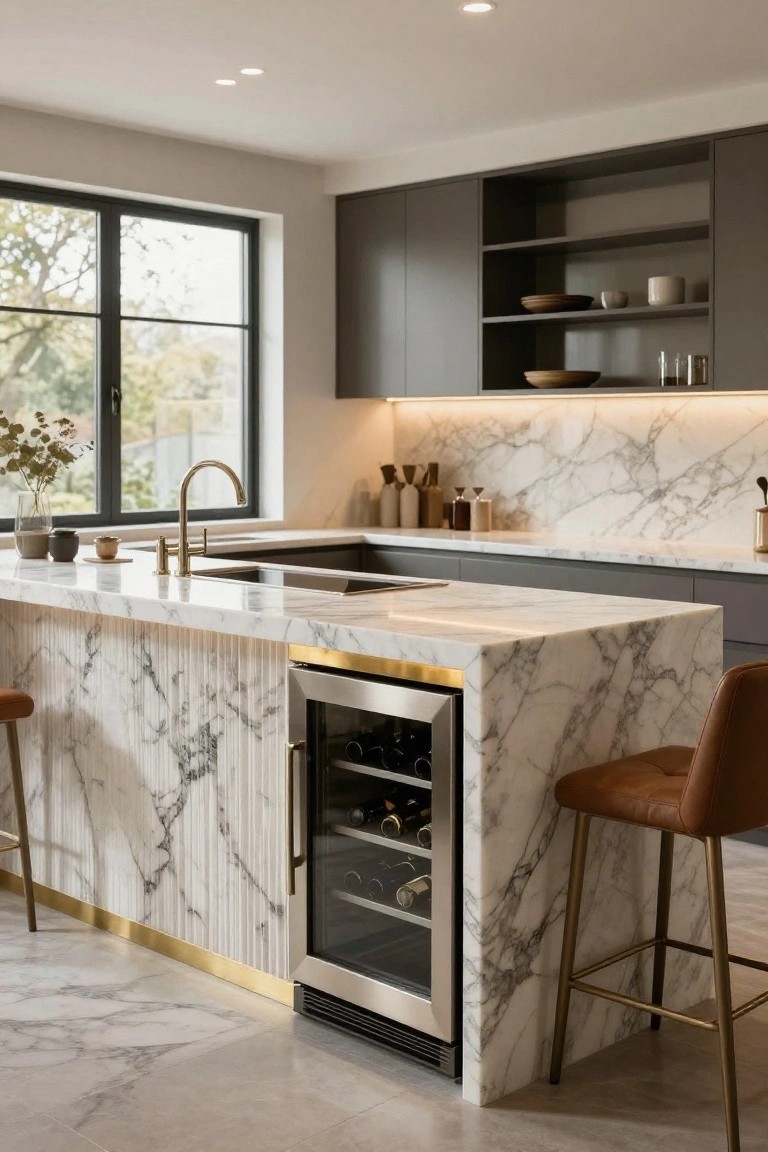Modern kitchen with large white veined marble island featuring fluted vertical detailing on sides, integrated stainless steel wine cooler with gold trim, two brown leather bar stools on gold bases, dark grey cabinets, gold faucet, and window with greenery view.