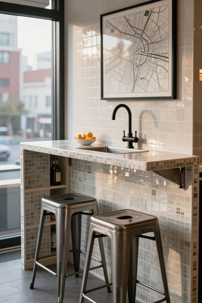 Slim elevated bar counter with light gray glass mosaic tiles on surfaces and backsplash, black matte faucet and sink, two silver metal stools, bowl of oranges, red wine bottle in open shelving below, and framed black-and-white city map on wall next to large window.